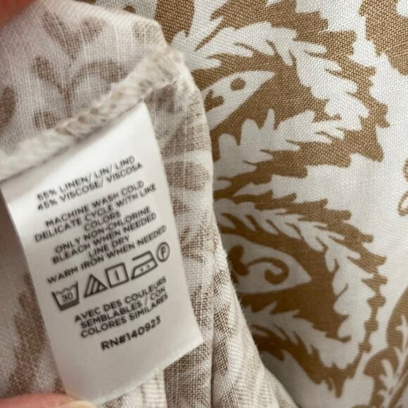 Loft Women Short Sleeve Linen Blend Button Front Dress 6 Tan Cream Floral V Neck - Picture 10 of 11